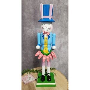 Tophat & Tail Easter Bunny Nutcracker Blue Pink Wooden‎ Spring Carrots 14" NEW